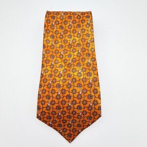 Fratello Mens Silk Necktie Orange Geometric Musical Instrument Pattern Hand Made